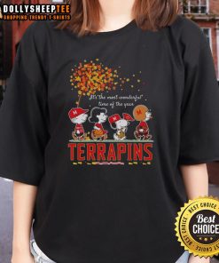 Alt Text: Autumn ladies tee featuring Snoopy and friends with terrapins, celebrating 'It's the Most Wonderful Time of the Year'.