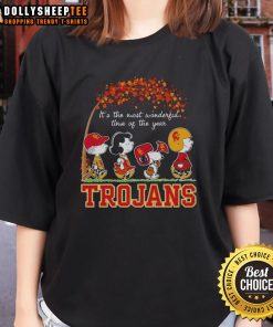 Autumn ladies tee featuring Snoopy and friends celebrating the most wonderful time of the year with Trojans theme.
