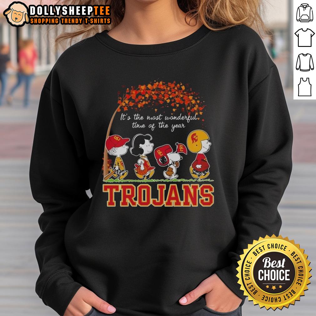 Nice Snoopy And Friends Trojans It's The Most Wonderful Time Of The Years Autumn Sweatshirt Cozy autumn sweatshirt featuring Snoopy and friends, perfect for celebrating the most wonderful time of the year.