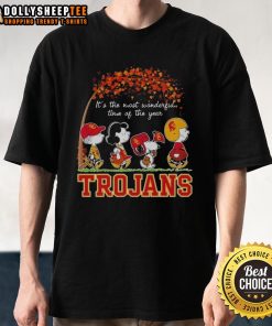 Alt Text: Nice Snoopy and Friends Trojans autumn t-shirt celebrating 'It's the Most Wonderful Time of the Year' theme.