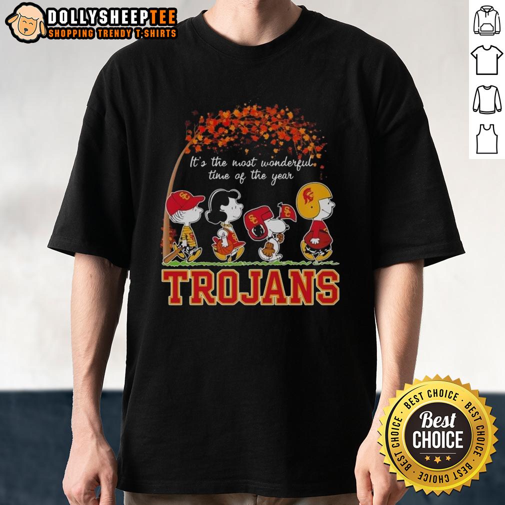 Nice Snoopy And Friends Trojans It's The Most Wonderful Time Of The Years Autumn T-Shirt Alt Text: Nice Snoopy and Friends Trojans autumn t-shirt celebrating 'It's the Most Wonderful Time of the Year' theme.