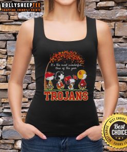 Autumn tank top featuring Snoopy and friends with Trojans theme, celebrating the most wonderful time of the year.