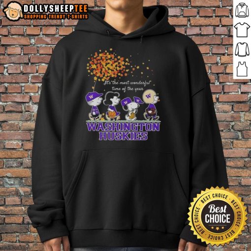 Alt Text: Cozy hoodie featuring Snoopy and friends, celebrating autumn with Washington Huskies theme - perfect for the season!