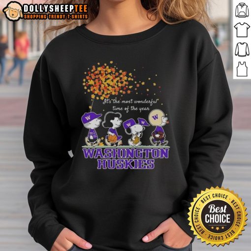 Cozy Snoopy and Friends Washington Huskies sweatshirt for autumn, celebrating the most wonderful time of the year.