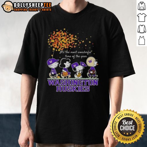 Nice Snoopy and Friends Washington Huskies autumn T-shirt celebrating 'It's The Most Wonderful Time Of The Year' theme.