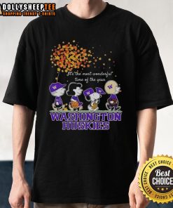 Nice Snoopy and Friends Washington Huskies autumn T-shirt celebrating 'It's The Most Wonderful Time Of The Year' theme.