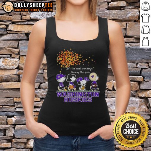 Snoopy and friends in a Washington Huskies autumn tank top, celebrating the joy of the season.