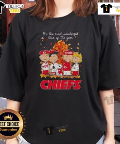Alt Text: Snoopy and friends celebrate autumn in a Kansas City Chiefs ladies tee, embracing the 'most wonderful time of the year'.