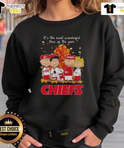 Alt Text: Snoopy and friends in Kansas City Chiefs autumn sweatshirt - 'It's the Most Wonderful Time of the Year' design.