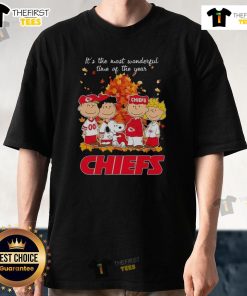 Alt Text: Snoopy and Friends Kansas City Chiefs autumn t-shirt celebrating the holiday season, 'It's The Most Wonderful Time Of The Year.'
