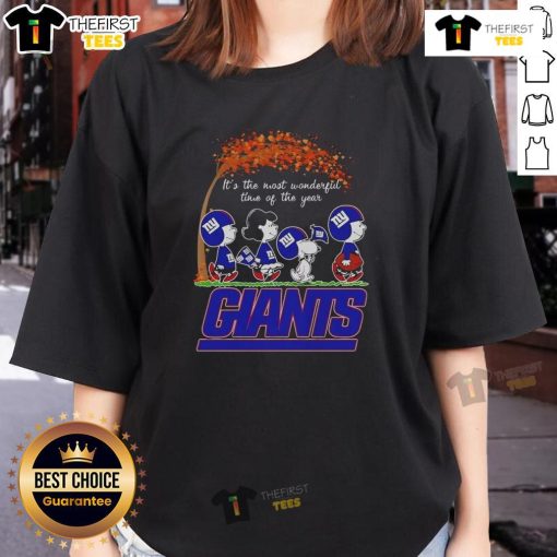 Autumn ladies tee featuring Snoopy and friends with New York Giants logo, perfect for sports fans this season.