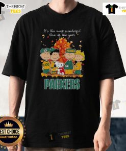 Alt Text: Snoopy and Friends X Packers Autumn T-Shirt celebrating 'It's The Most Wonderful Time Of The Year' design.