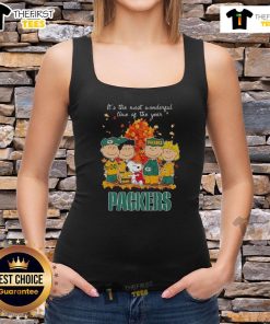 Alt Text: Snoopy and friends in Packers gear on a tank top, celebrating autumn with the phrase 'It's the Most Wonderful Time of the Year'.