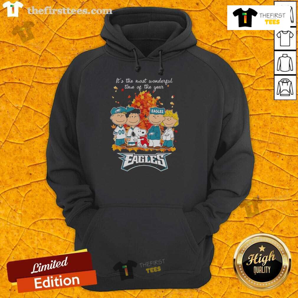 Nice Snoopy And Friends X Philadelphia Eagles It's The Most Wonderful Time Of The Year Autumn Hoodie Alt Text: Snoopy and friends in Philadelphia Eagles hoodie for autumn, celebrating the most wonderful time of the year.