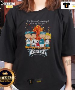 Autumn ladies tee featuring Snoopy and friends with Philadelphia Eagles theme, perfect for the most wonderful time of the year.