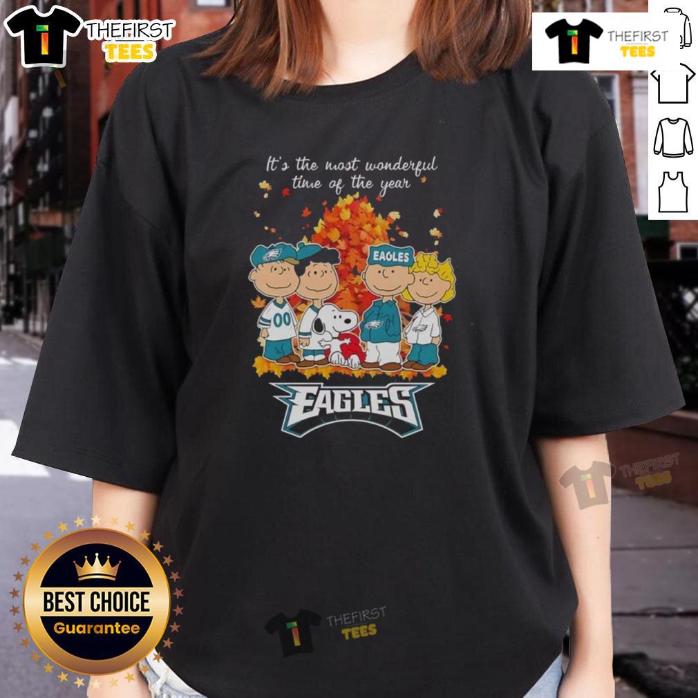 Nice Snoopy And Friends X Philadelphia Eagles It's The Most Wonderful Time Of The Year Autumn Ladies-Tee Autumn ladies tee featuring Snoopy and friends with Philadelphia Eagles theme, perfect for the most wonderful time of the year.