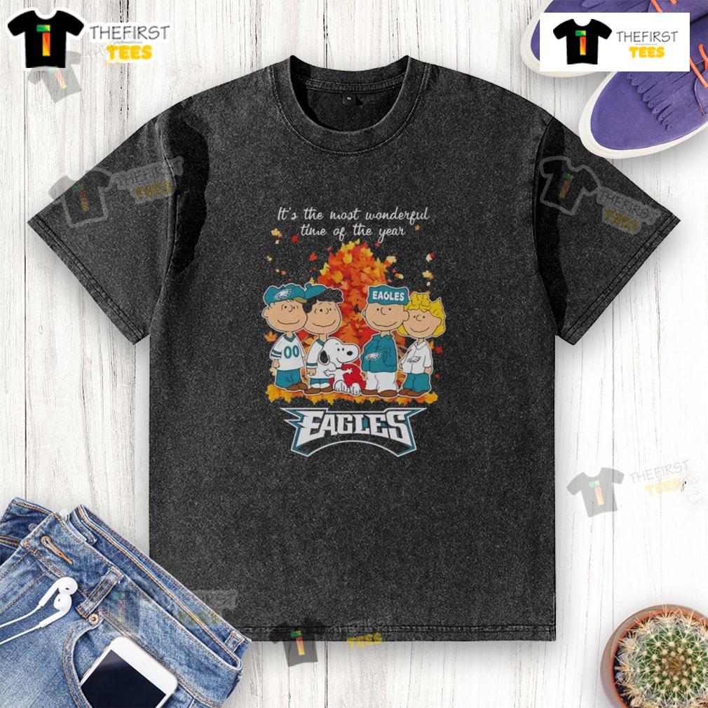 Nice Snoopy And Friends X Philadelphia Eagles It's The Most Wonderful Time Of The Year Autumn Washed T-Shirt Alt Text: Nice Snoopy and Friends X Philadelphia Eagles autumn t-shirt, perfect for the most wonderful time of the year.