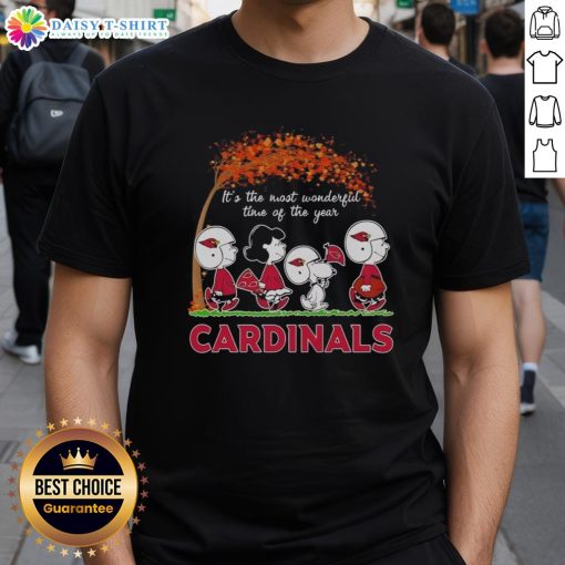 Alt Text: Snoopy and Friends St. Louis Cardinals autumn T-shirt, celebrating 'It's The Most Wonderful Time Of The Year.'