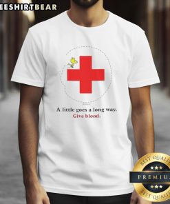Nice Snoopy Blood Drive T-Shirt featuring Snoopy with a heart, promoting the message 'A Little Goes A Long Way'.