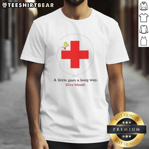 Nice Snoopy Blood Drive T-Shirt featuring Snoopy with a heart, promoting the message 'A Little Goes A Long Way'.