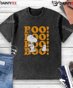 Alt Text: Happy Halloween washed t-shirt featuring Snoopy and the phrase 'Boo Boo Boo' for festive celebrations.