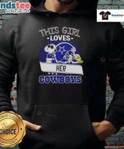 Girl wearing a Dallas Cowboys football helmet hoodie with Snoopy design, showcasing her love for the team.