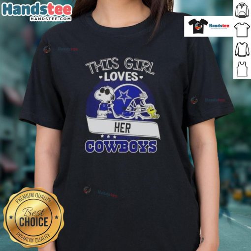 Girl wearing a 'This Girl Loves Her Dallas Cowboys' tee with a Snoopy design and a football helmet background.