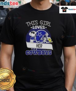 Alt Text: Girl wearing a Dallas Cowboys football helmet t-shirt featuring Snoopy, showcasing her love for the team.