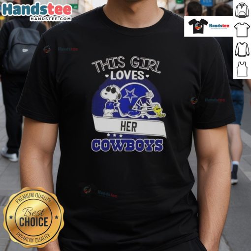 Alt Text: Girl wearing a Dallas Cowboys football helmet t-shirt featuring Snoopy, showcasing her love for the team.