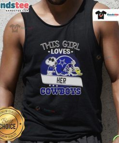 Alt Text: Girl wearing a Dallas Cowboys football helmet tank top with Snoopy design, showcasing her team spirit.