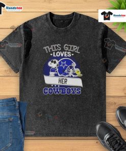 Girl wearing a washed t-shirt with Snoopy and Dallas Cowboys football helmet, showcasing her love for the team.