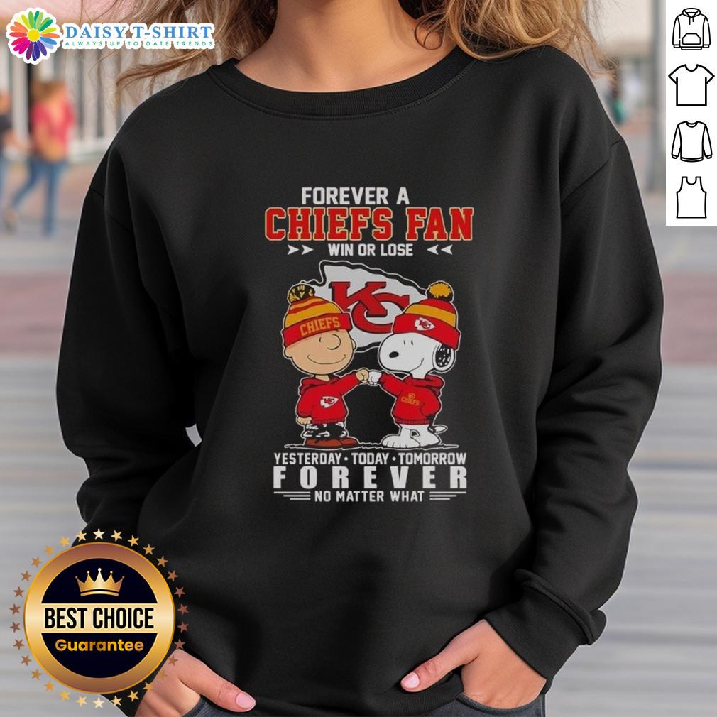Nice Snoopy Touch Hands Charlie Brown Forever A Chiefs Fan Yesterday Today Tomorrow And Forever Sweatshirt Snoopy and Charlie Brown graphic on 'Forever a Chiefs Fan' sweatshirt, perfect for fans of football and Peanuts.