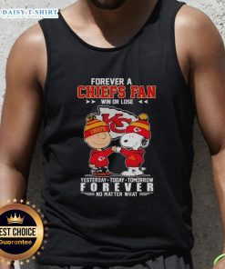 Tank top featuring Snoopy and Charlie Brown, celebrating Chiefs fandom: 'Yesterday, Today, Tomorrow, and Forever'.