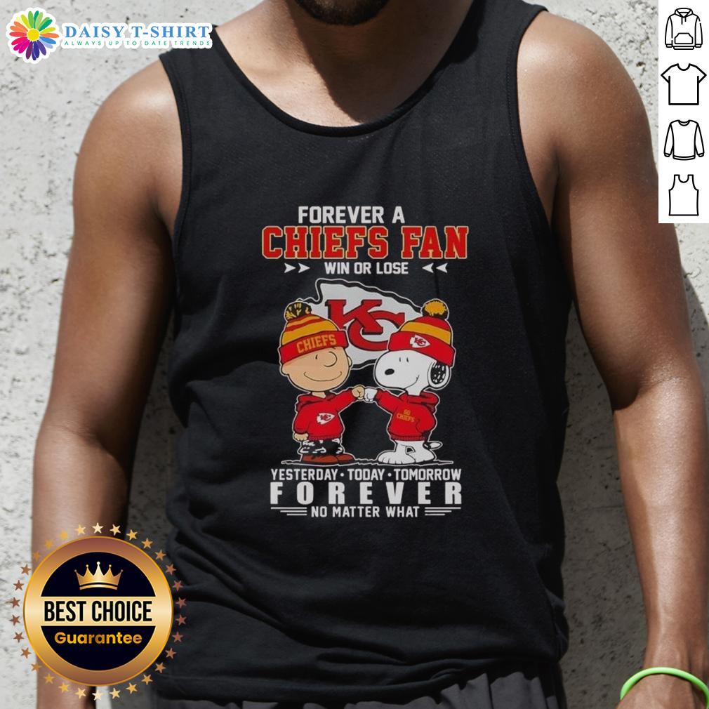 Nice Snoopy Touch Hands Charlie Brown Forever A Chiefs Fan Yesterday Today Tomorrow And Forever Tank Top Tank top featuring Snoopy and Charlie Brown, celebrating Chiefs fandom: 'Yesterday, Today, Tomorrow, and Forever'.