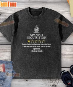 Nice Spanish Inquisition Bad Review Washed T-Shirt featuring a vintage design and humorous text, perfect for casual wear.