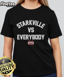 Alt Text: Ladies tee featuring the Mississippi State Bulldogs football logo with 'Nice Starkville vs Everybody' design.
