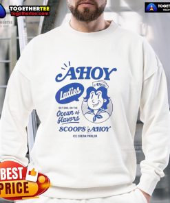 Nice Stranger Things ladies Scoops Ahoy ice cream parlor sweatshirt featuring a fun, retro design and vibrant colors.