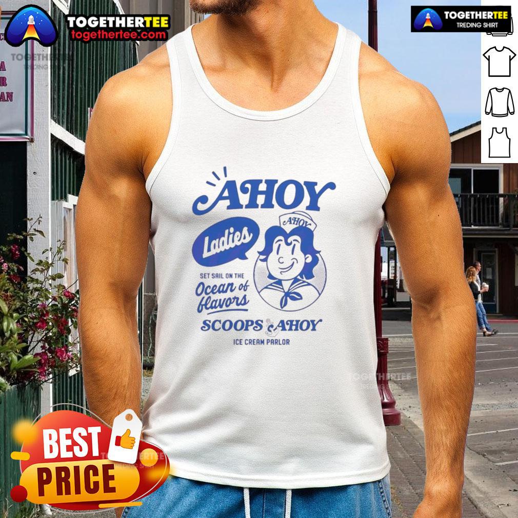Nice Stranger Things Ladies Scoops Ahoy Ice Cream Parlor Tank Top Alt Text: Ladies' Scoops Ahoy ice cream parlor tank top inspired by Stranger Things, featuring a vibrant design and comfortable fit.