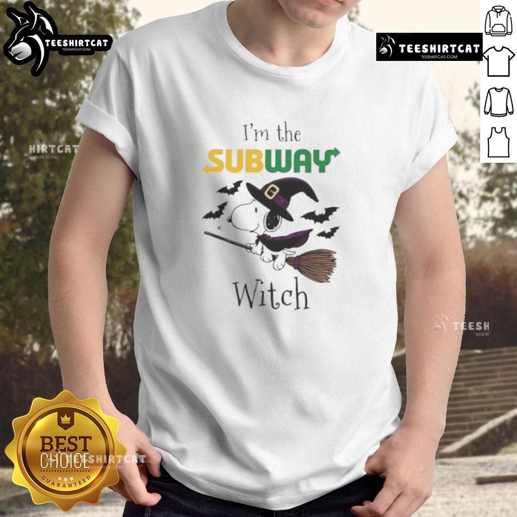 Nice Subway X Snoopy I'M The Witch Halloween T Shirt Alt Text: Nice Subway X Snoopy I'm The Witch Halloween T-Shirt featuring a playful witch design perfect for Halloween festivities.