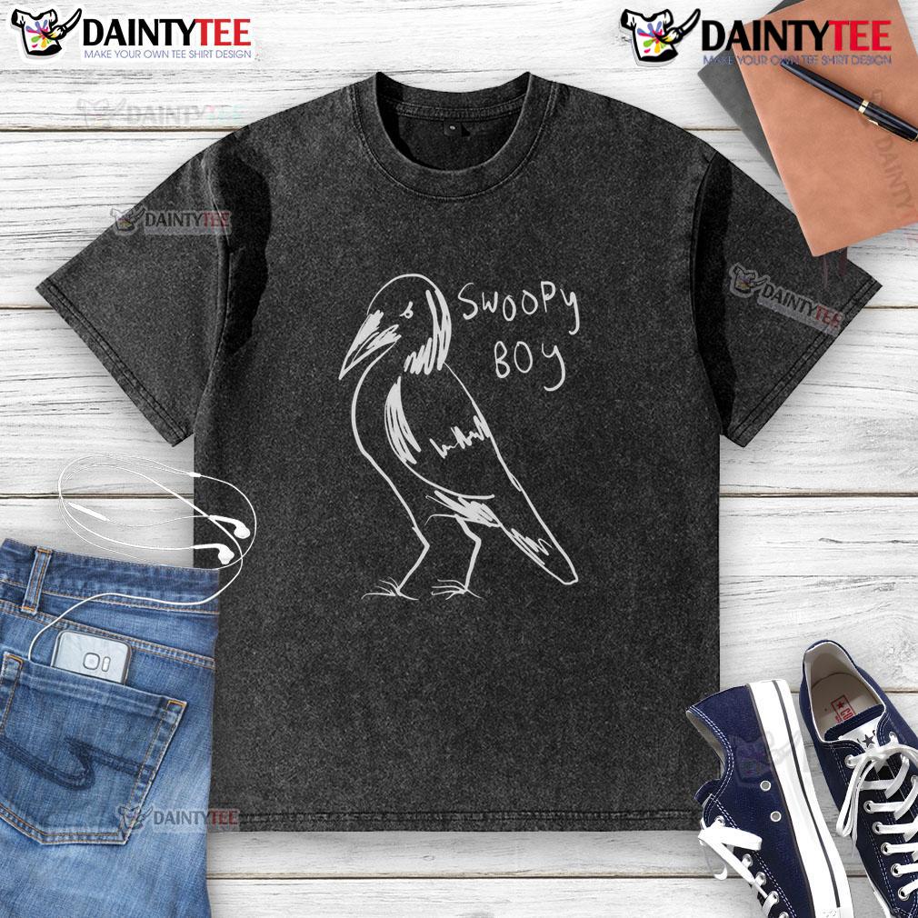 Nice Swoopy Boy Bird Washed T Shirt Alt Text: Cute boy wearing a washed T-shirt with a nice swoopy bird design, perfect for casual summer outfits.