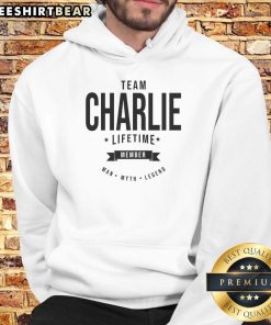Charlie Kirk wearing a hoodie that reads 'Man, Myth, Legend' as a Nice Team Lifetime Member, showcasing team spirit.