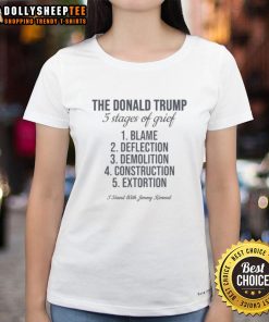 Nice The Donald Trump 5 Stages of Grief I Stand With Jimmy Kimmel Ladies Tee showcasing a humorous graphic design.
