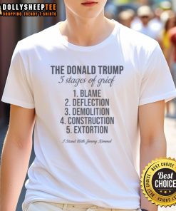Alt Text: Nice The Donald Trump 5 Stages Of Grief I Stand With Jimmy Kimmel T-Shirt design featuring humorous political graphics.