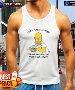 Lonely Homer Simpson in a tank top, drinking at Moe's Tavern at night, capturing a nostalgic scene from The Simpsons.