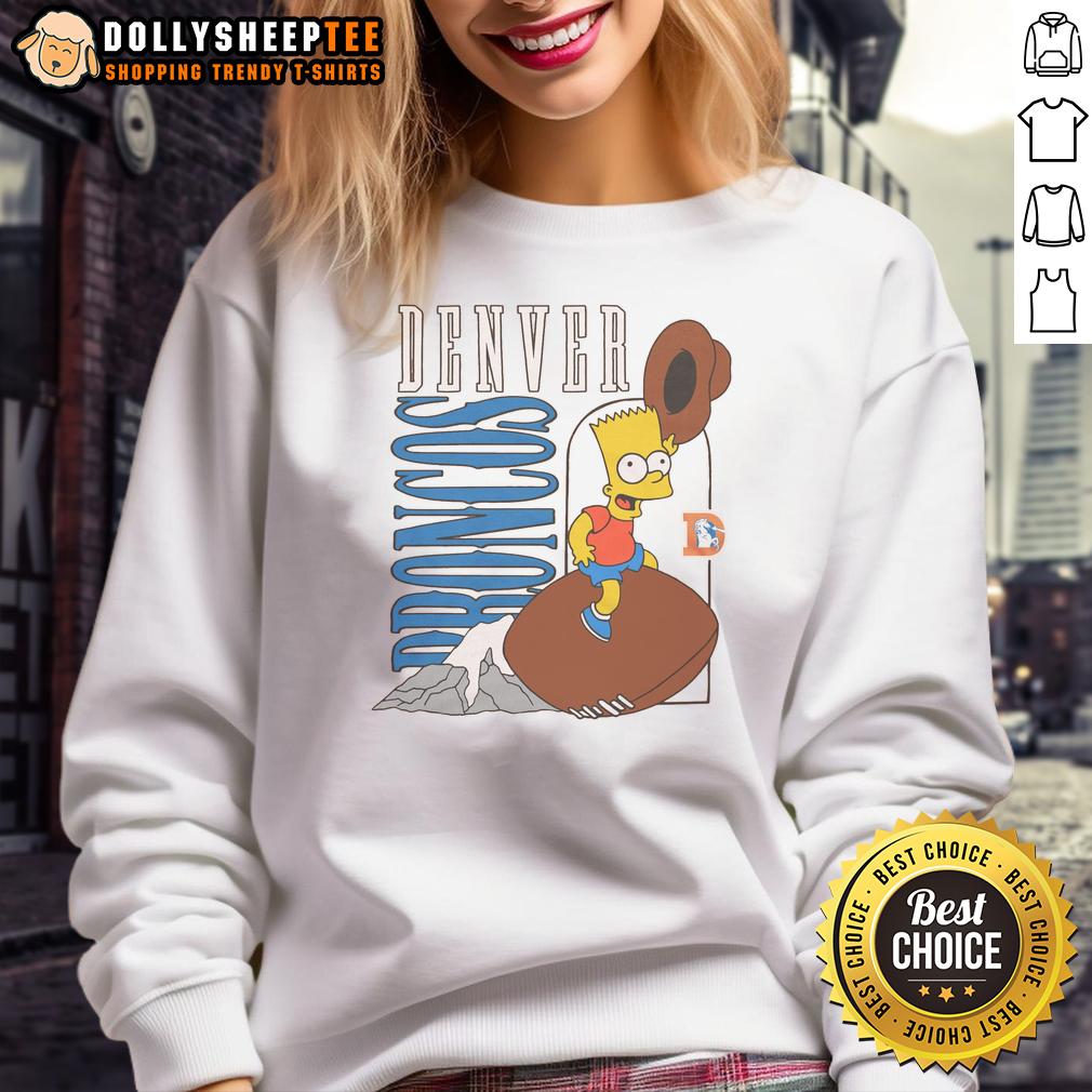 Nice The Simpsons Bart X Denver Broncos Sweatshirt Alt Text: Bart Simpson in a Denver Broncos sweatshirt, showcasing a unique Nice The Simpsons apparel design.