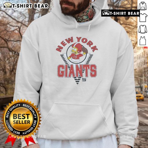 Bart Simpson wearing a New York Giants hoodie in a colorful scene from The Simpsons, showcasing unique fan apparel.