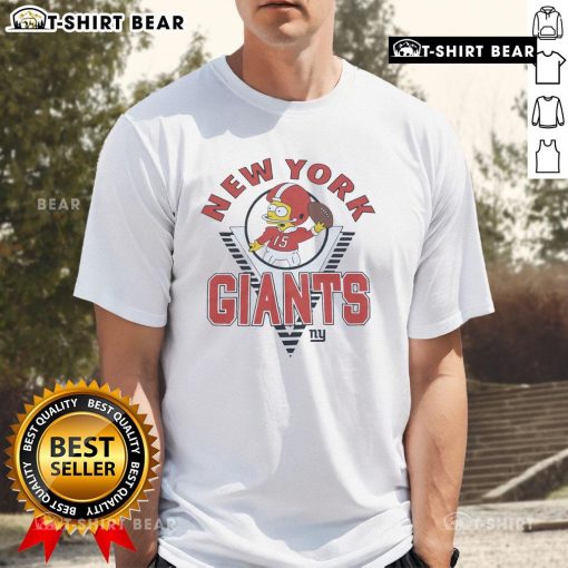 Alt Text: Bart Simpson wearing a New York Giants T-shirt, showcasing a fun mashup of pop culture and sports fashion.