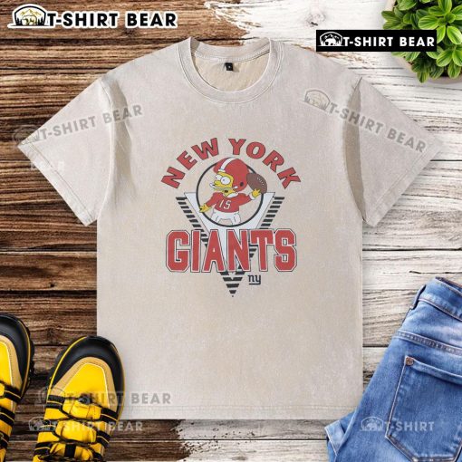Bart Simpson wearing New York Giants gear on a washed t-shirt, showcasing a fun blend of pop culture and sports fashion.
