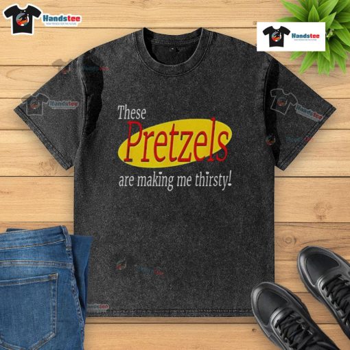 Seinfeld 'These Pretzels Are Making Me Thirsty' washed t-shirt, featuring a vintage design and soft fabric.