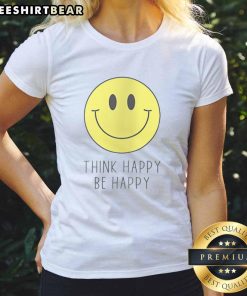 Smiley face graphic on a 'Nice Think Happy Be Happy' ladies tee, perfect for spreading positivity and joy.